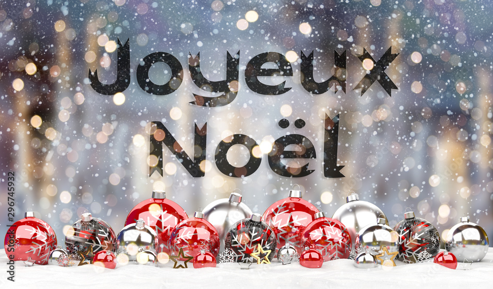 Fototapeta premium Christmas card greetings with red and silver christmas baubles 3D rendering in French