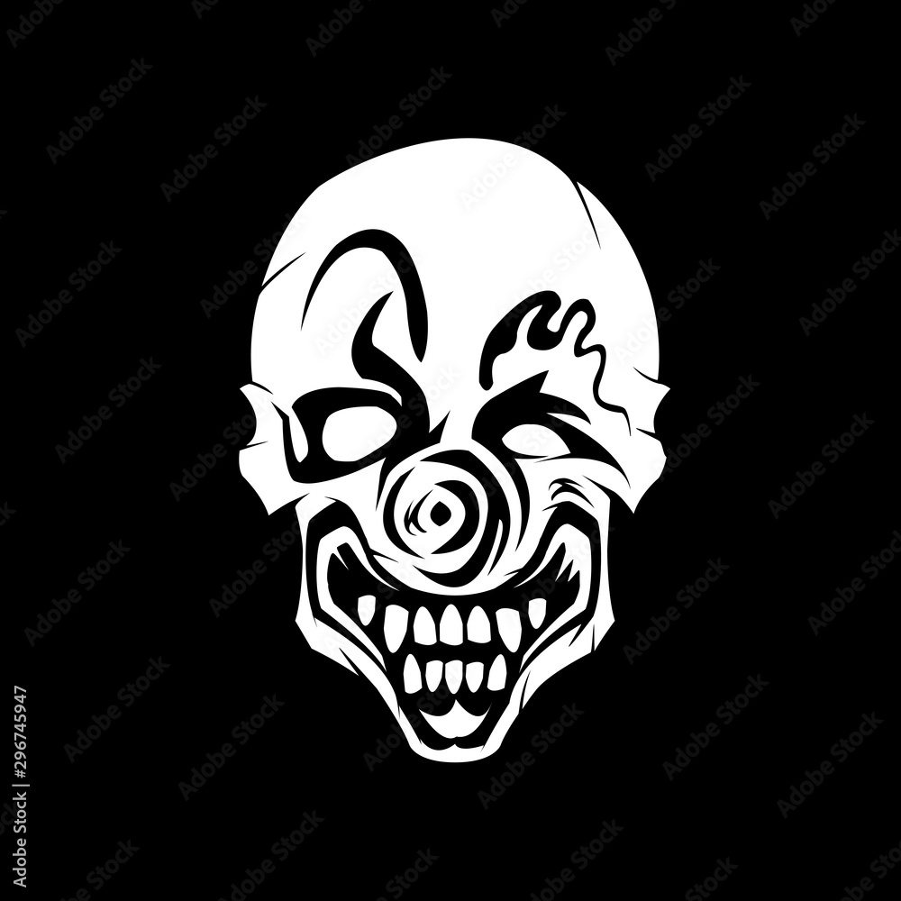 skull on black background . Clown Silhouette Illustration . Tattoo Design . T Shirt Clothing . Clown Skull