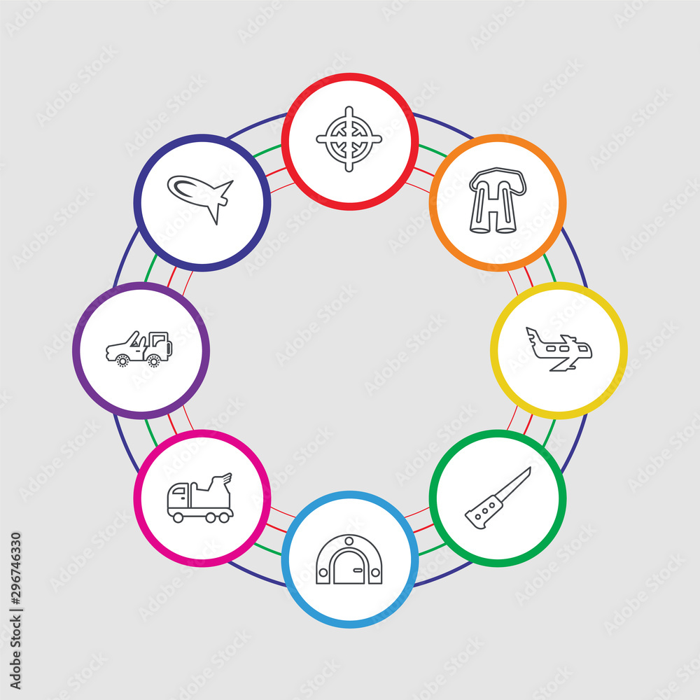 8 colorful stroke icons set included bomb, army car, launcher, bunker, knife, airplane, binoculars, target 8 colorful stroke icons set included bomb, army car, launcher, bunker, knife, airplane, binoculars, target