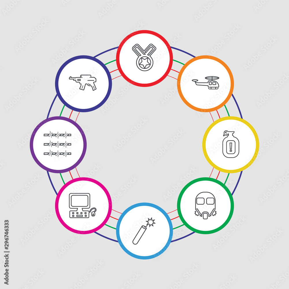 8 colorful stroke icons set included rifle, barbed wire, computer, explosive, gas mask, granade, helicopter, medal 8 colorful stroke icons set included rifle, barbed wire, computer, explosive, gas mask, granade, helicopter, medal