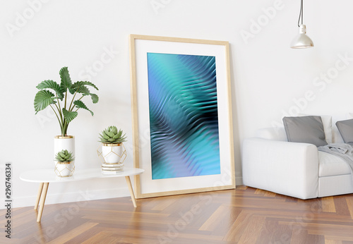 Wooden frame leaning in bright white living room with plants and decorations mockup 3D rendering © sdecoret