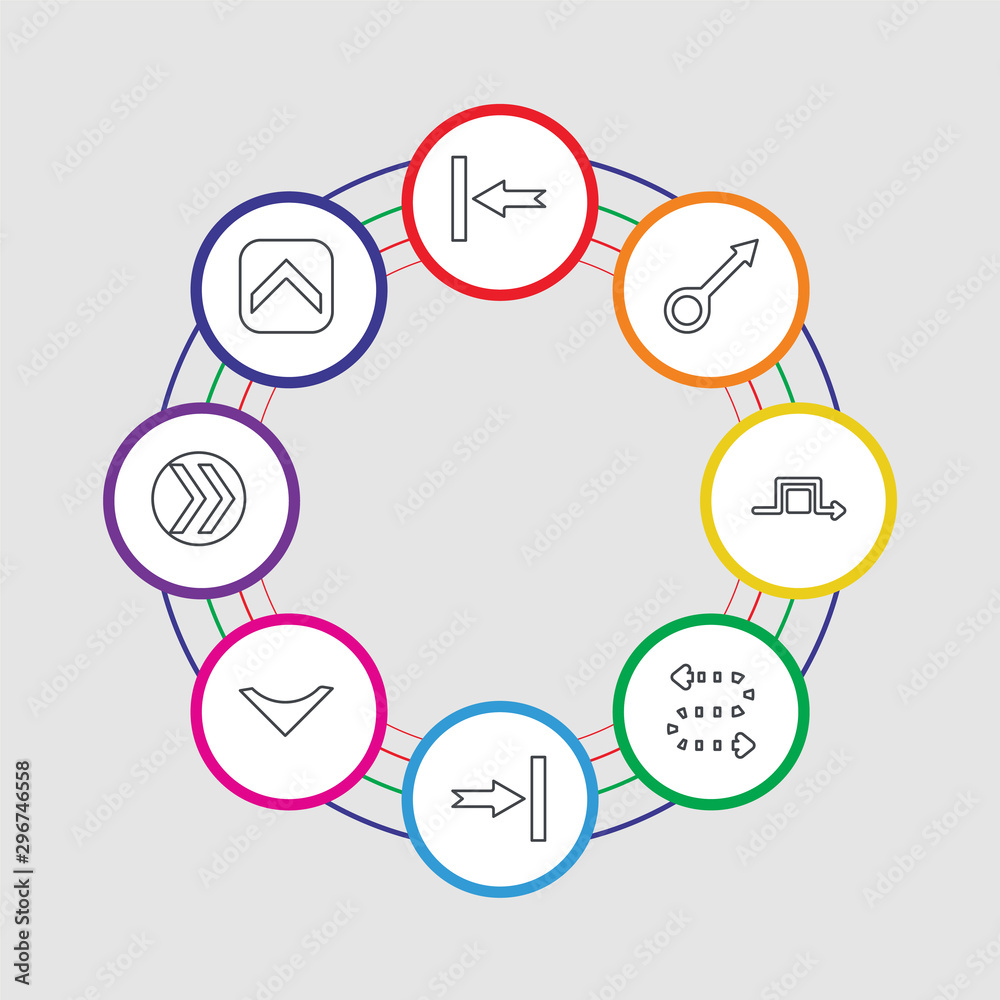 8 colorful stroke icons set included up arrow, fast forward, down arrow, next, curved arrow, square, drag, back 8 colorful stroke icons set included up arrow, fast forward, down arrow, next, curved arrow, square, drag, back