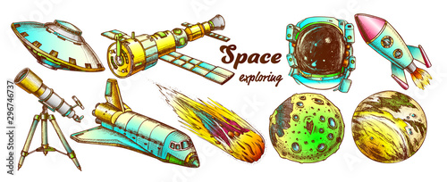 Space Exploring Elements Set Vector. Space Rocket And Shuttle, Satellite And Ufo, Asteroid And Exposure Suit, Planet And Telescope. Hand Drawn In Vintage Style Color Illustrations