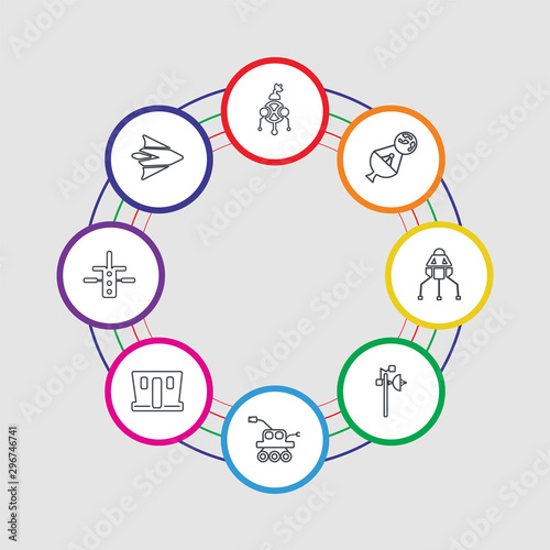 8 colorful stroke icons set included rocket ship, space station, nasa, mars rover, voyager, lander, satellite, lander