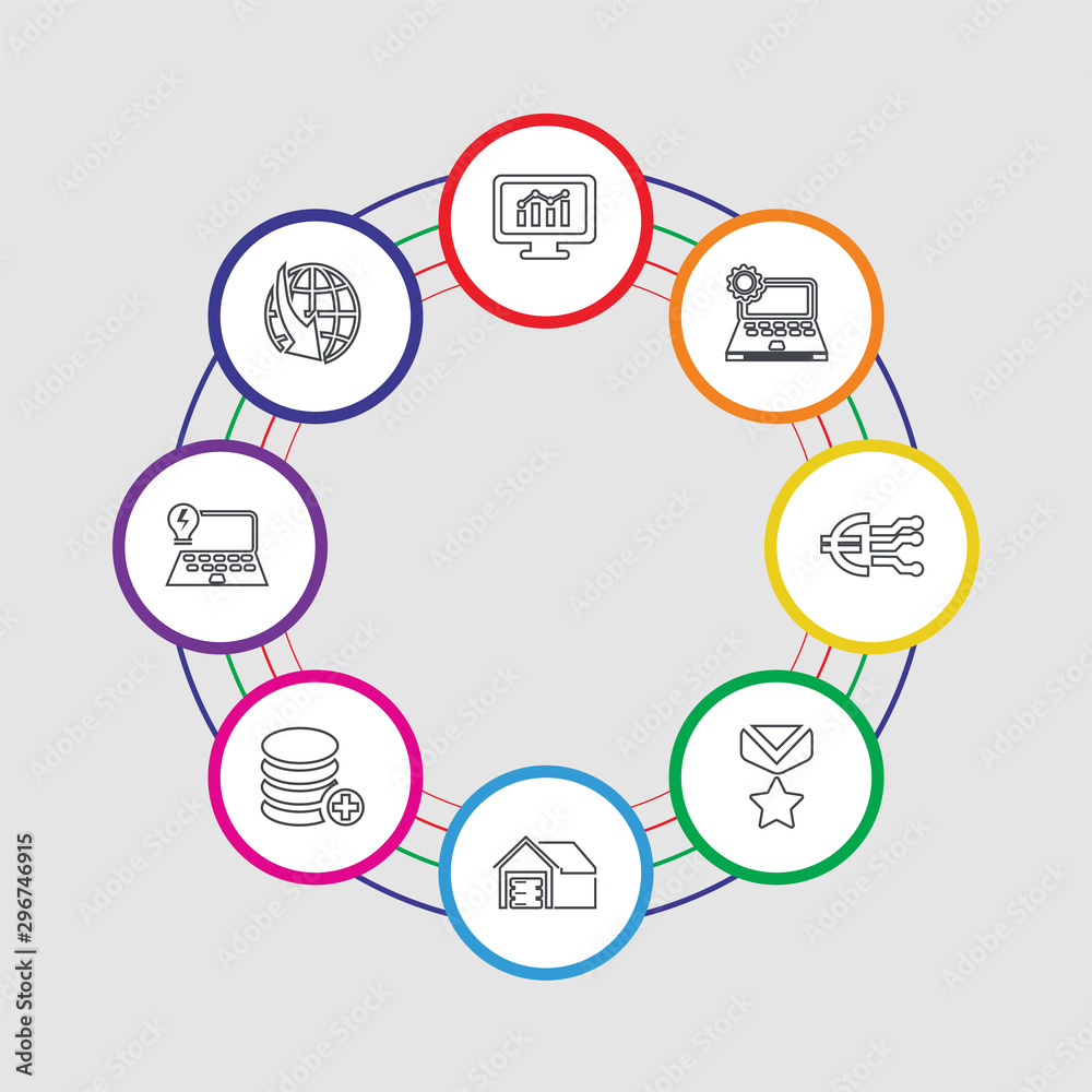 8 colorful stroke icons set included global, laptop, data, warehouse, medal, marketing, laptop, analytics 8 colorful stroke icons set included global, laptop, data, warehouse, medal, marketing, laptop, analytics