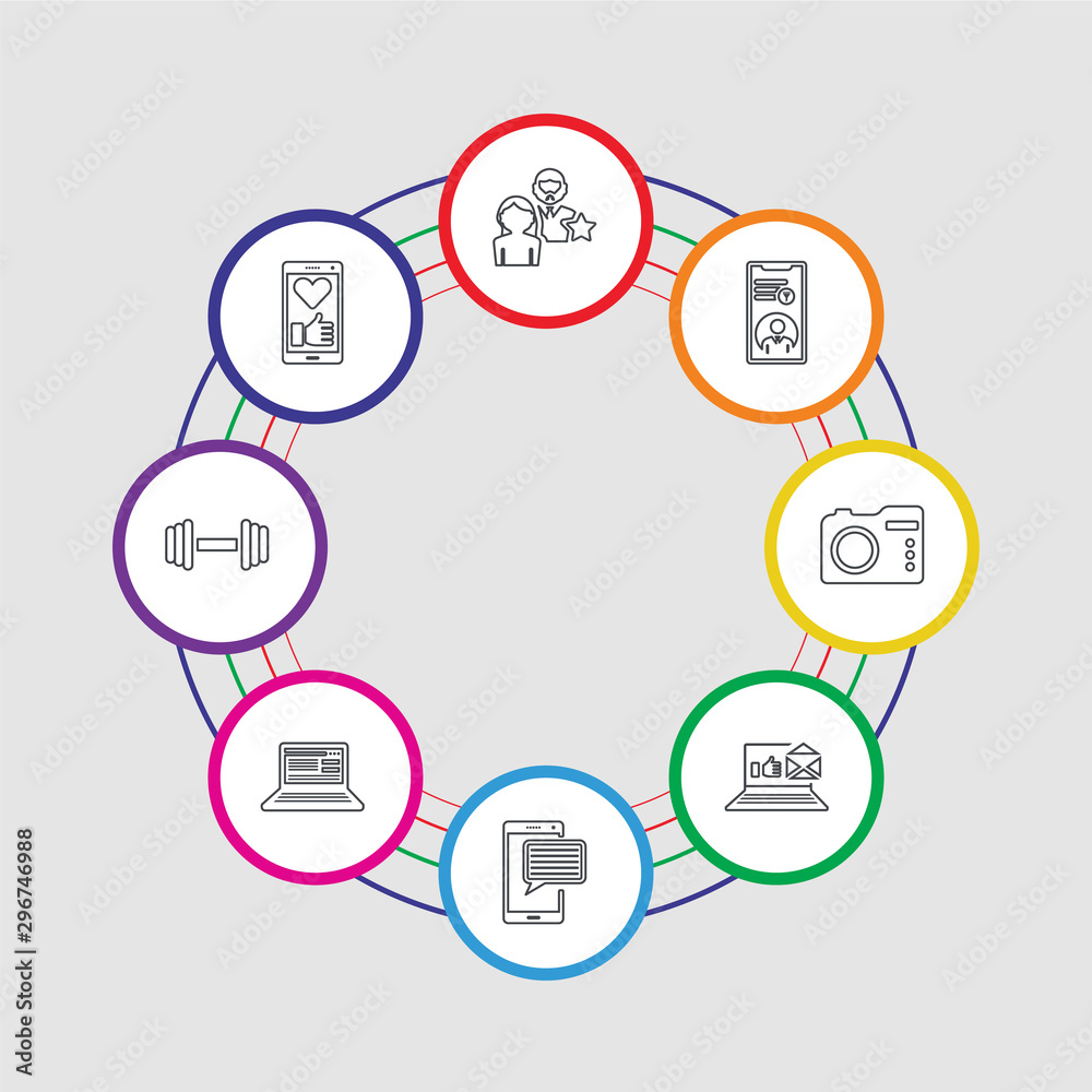 8 colorful stroke icons set included like, weights, browser, comment, post, camera, filter, famous 8 colorful stroke icons set included like, weights, browser, comment, post, camera, filter, famous