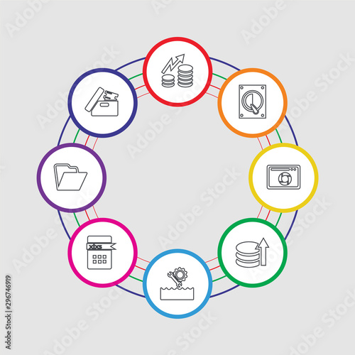8 colorful stroke icons set included storage, folder, xlsx, streaming, database, browser, hard drive, data