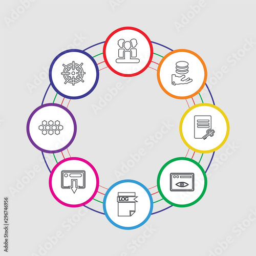 8 colorful stroke icons set included goals, hexagons, transaction, log file, page views, encryption, availability, users