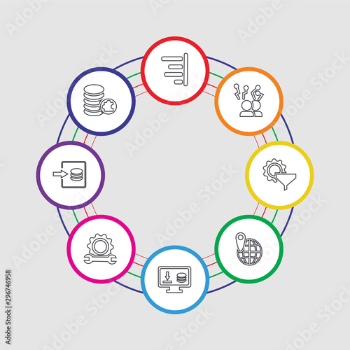 8 colorful stroke icons set included database, log in, support, landing page, geolocation, filter, diagram, strategy