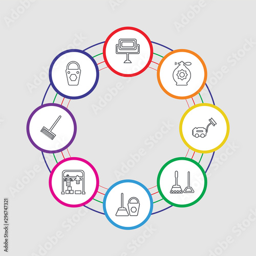 8 colorful stroke icons set included bucket cleanin, broom cleanin, dry, dustpan cleanin, dustpan vacuum perfume mirror