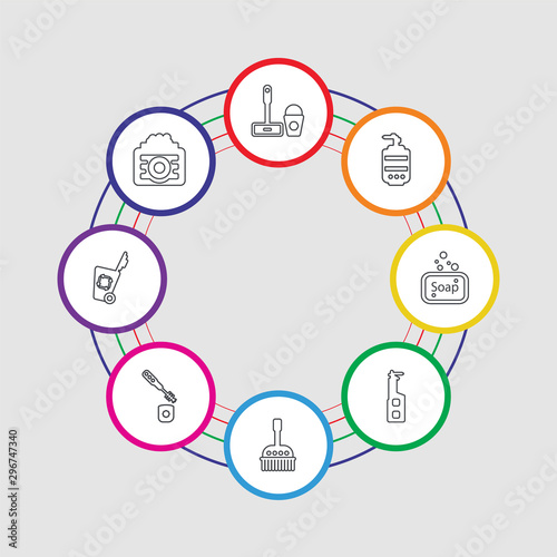 8 colorful stroke icons set included cream cleanin, garbage cleanin, toilet brush cleanin, brush cleaner, sponge soap mop