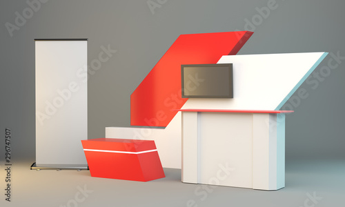 Red And White Stand for advertise product. Retail Trade Stand. Exhibition Booth Counter Illustration. 3D render
