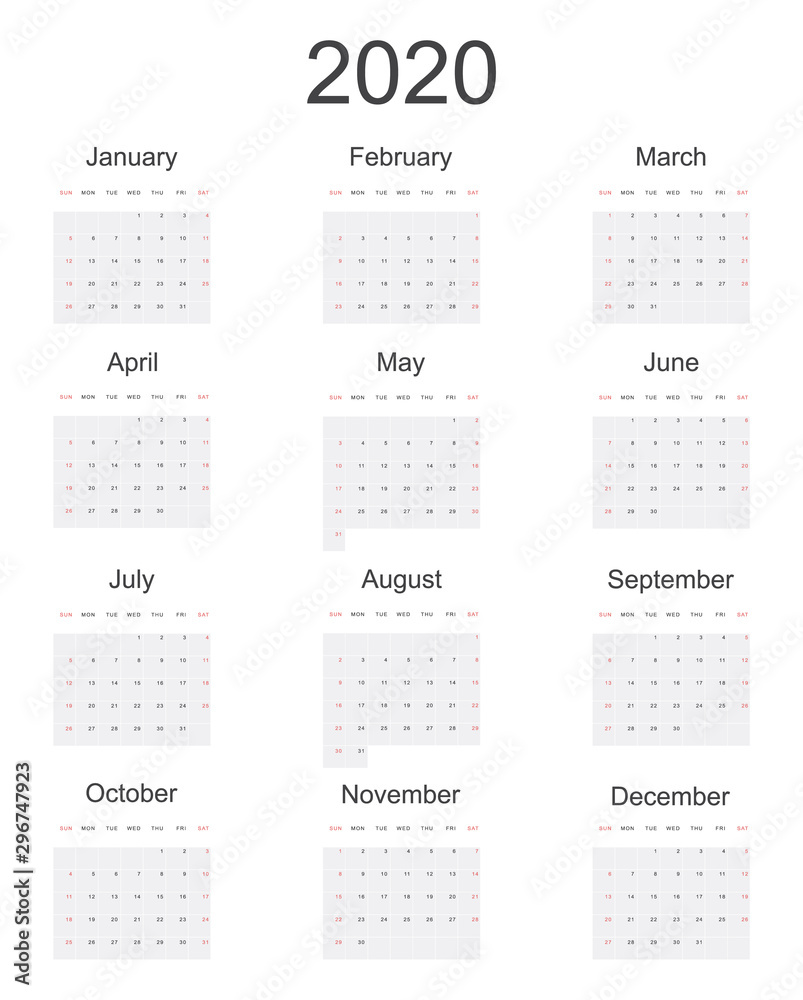 2020 New year vector calendar in minimal simple style on white background. Week starts in Sunday, twelve month calendar in one. Work and holiday events planner, block-almanac mockup or template 2020 New year vector calendar in minimal simple style on white background. Week starts in Sunday, twelve month calendar in one. Work and holiday events planner, block-almanac mockup or template
