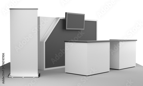 Counter for reception and helping service stand. Retail Trade Stand. Exhibition Counter Illustration. 3D render