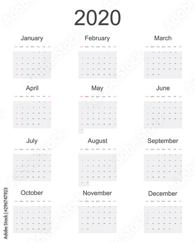 2020 New year vector calendar in minimal simple style on white background. Week starts in Sunday  twelve month calendar in one. Work and holiday events planner  block-almanac mockup or template