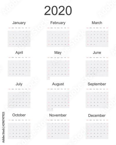 2020 New year vector calendar in minimal simple style on white background. Week starts in Sunday, twelve month calendar in one. Work and holiday events planner, block-almanac mockup or template