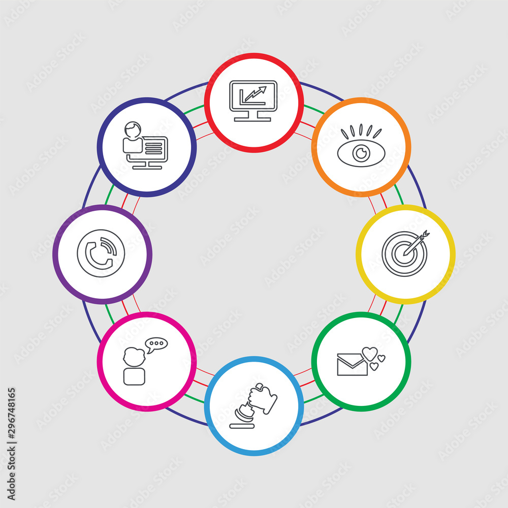 8 colorful stroke icons set included video call, telephone, user, stamp, love letter, target, eye, dashboard 8 colorful stroke icons set included video call, telephone, user, stamp, love letter, target, eye, dashboard