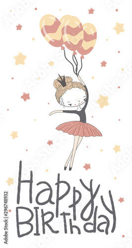 Girl ballerina with a ribbon in her hair holds balloons in her hand.