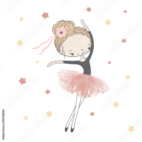 Girl ballerina in pink tutu with a ribbon in her hair dancer under the stars.
