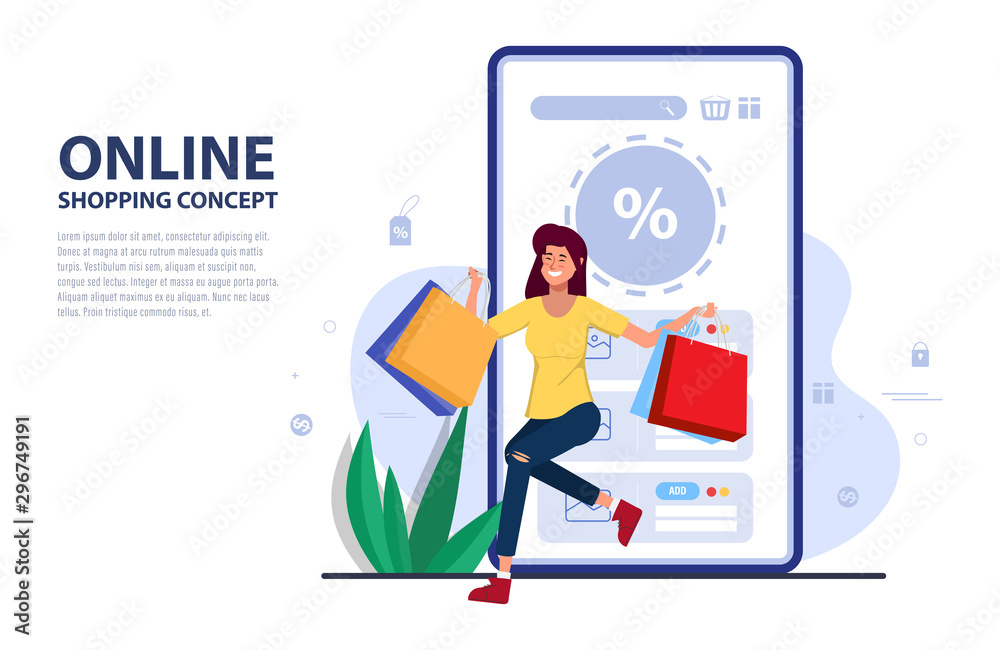 Customer shopping online promotion code for discount on mobile application. Web landing page template design.
