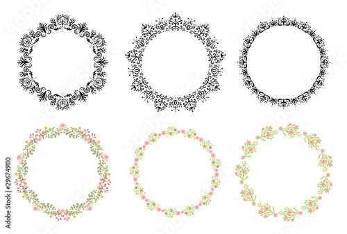 Set of doodle floral, line and leaf circle frames. Illustration vector.