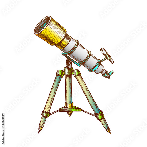 Astronomer Equipment Telescope Color Vector. Standing Telescope For Explore And Observe Galaxy And Cosmos. Discovery Optical Device Designed In Retro Style Illustration