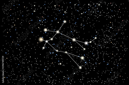 Vector illustration of the zodiac constellation Gemini (Twins) on a starry black sky background. The astronomical cluster of stars in the constellation in the northern celestial hemisphere. 