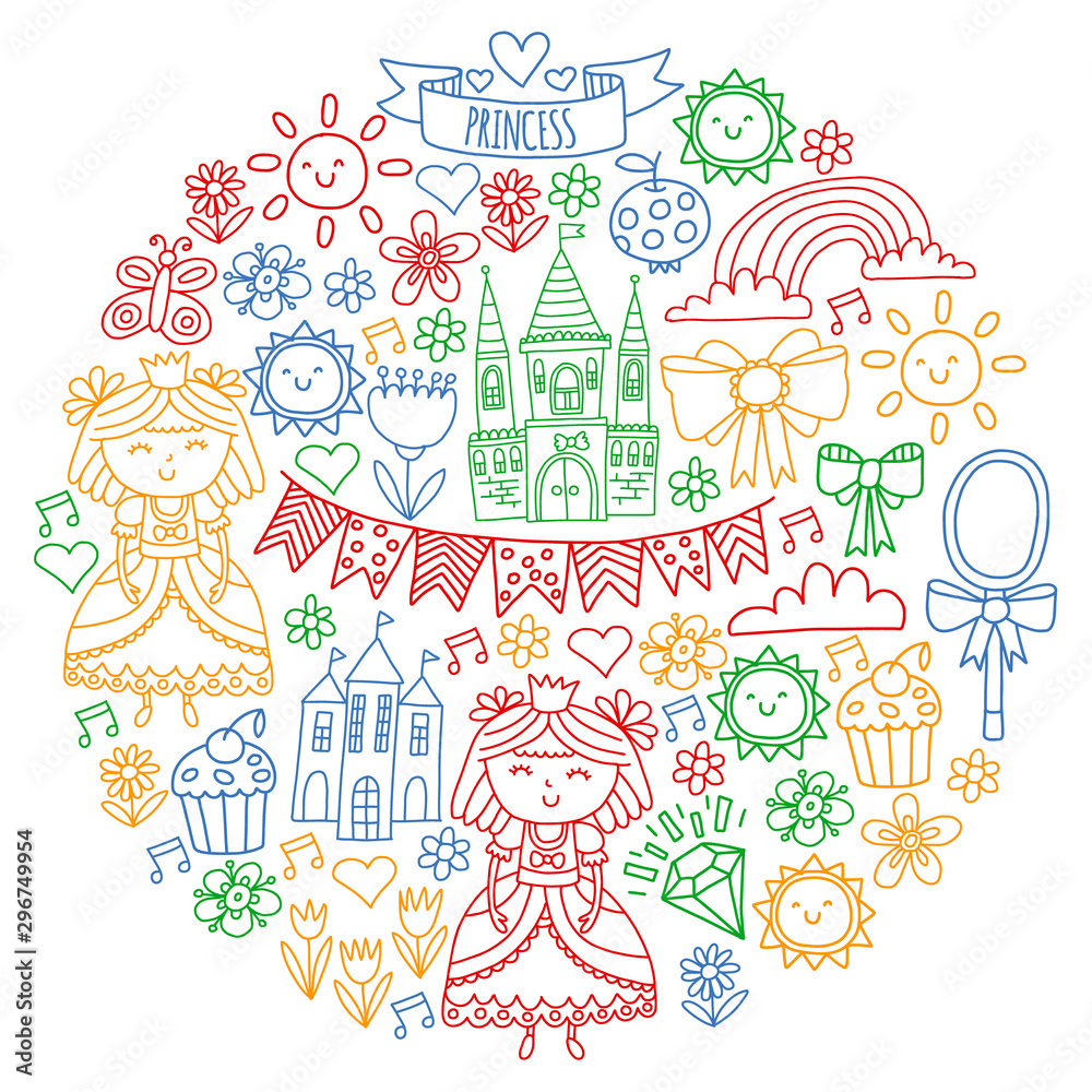 Vector pattern for little girls. Princess illustration for happy birthday party.