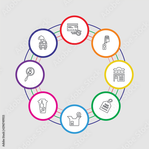 8 colorful stroke icons set included street food, search, tea, take away, take away, restaurant, phone, cit card