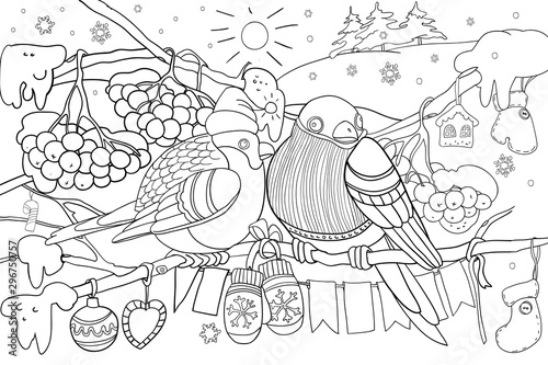 Christmas coloring book for children, birds on branches and clusters of mountain ash, cartoon characters, vector illustration