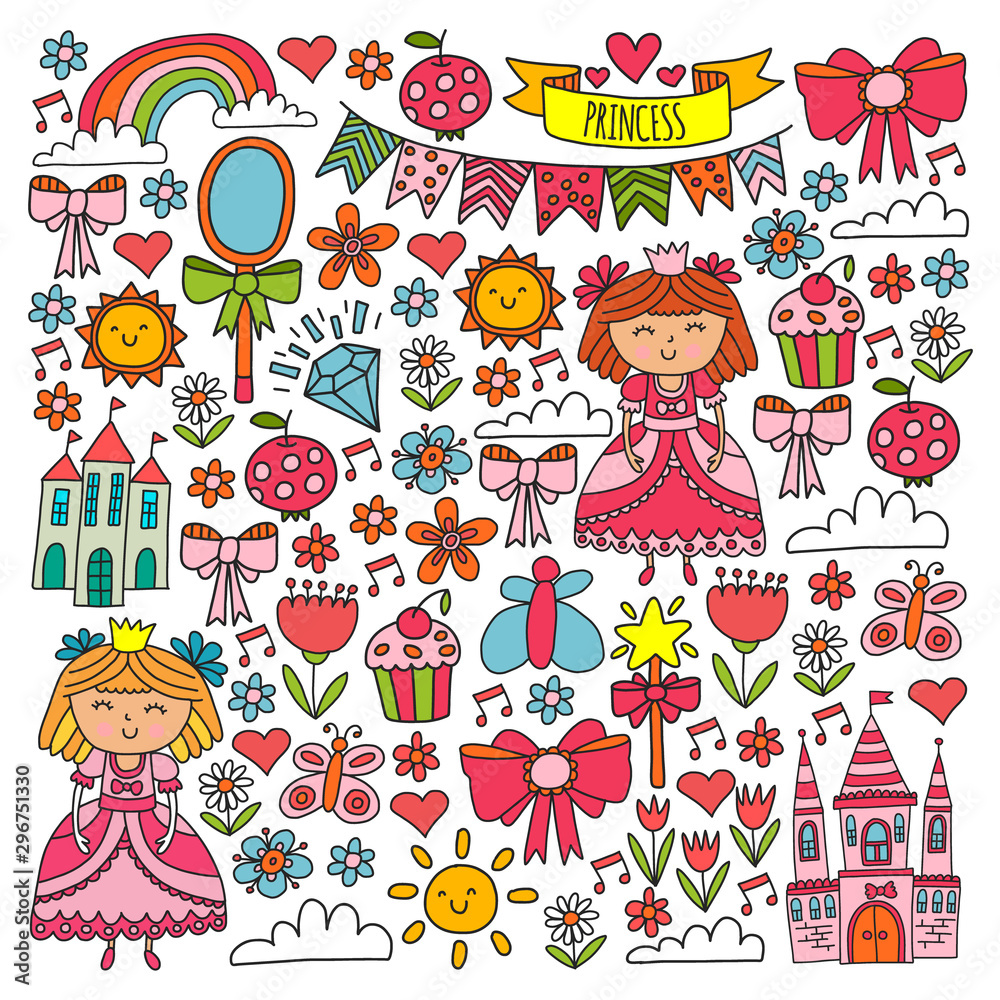 Fototapeta premium Vector pattern for little girls. Princess illustration for happy birthday party.