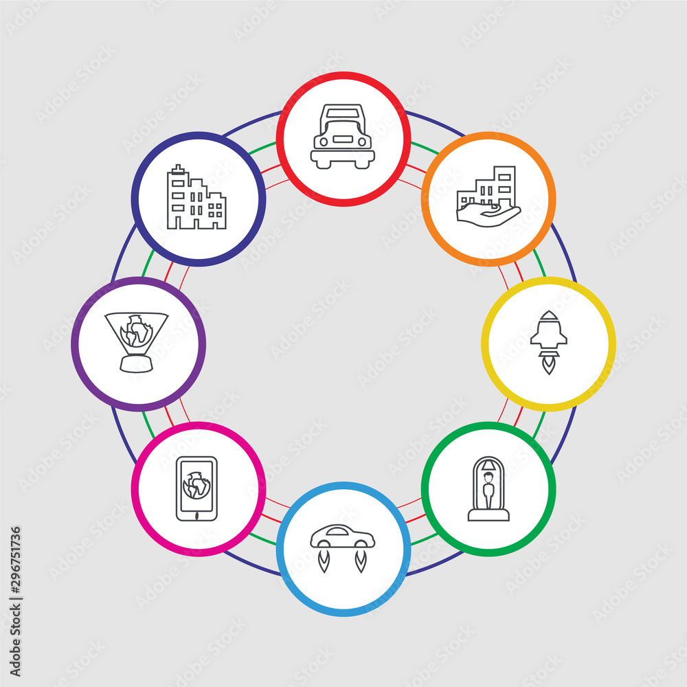8 colorful stroke icons set included cityscape, hologram, smartphone, flying car, cloning, startup, residential, truck 8 colorful stroke icons set included cityscape, hologram, smartphone, flying car, cloning, startup, residential, truck