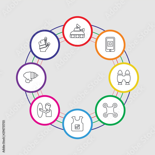 8 colorful stroke icons set included wi gloves, blaster, teleportation, smart clothing, drone, jetpack, smartphone, hologram