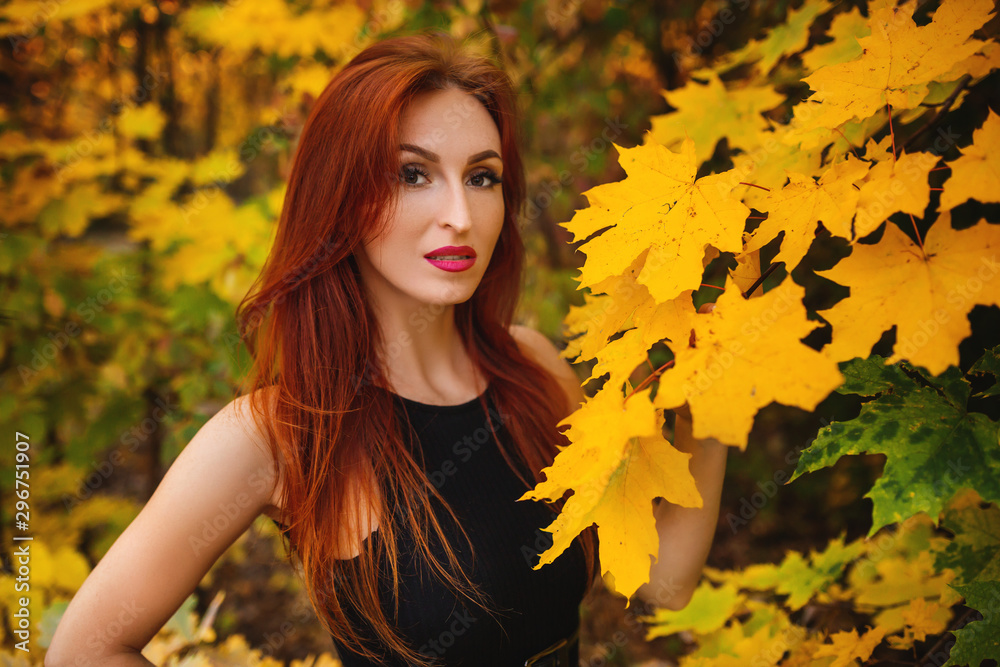 Close up portrait of a beautiful redhead girl in dark dress standing near colorful autumn leaves. Close up portrait of a beautiful redhead girl in dark dress standing near colorful autumn leaves.