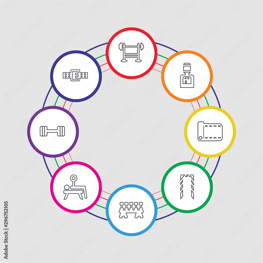 8 colorful stroke icons set included belt, barbell, fitness bench, dumbbell, rope, mat, water machine, bench press 8 colorful stroke icons set included belt, barbell, fitness bench, dumbbell, rope, mat, water machine, bench press
