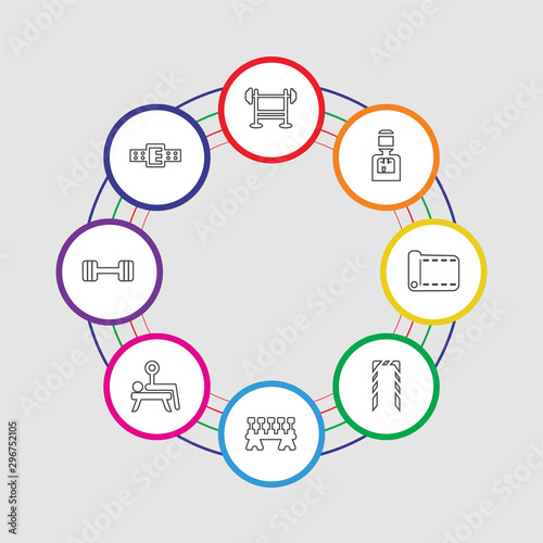 8 colorful stroke icons set included belt, barbell, fitness bench, dumbbell, rope, mat, water machine, bench press