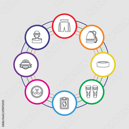 8 colorful stroke icons set included hockey stick, strategy, shin, puck, bag, pants, hockey helmet, shin