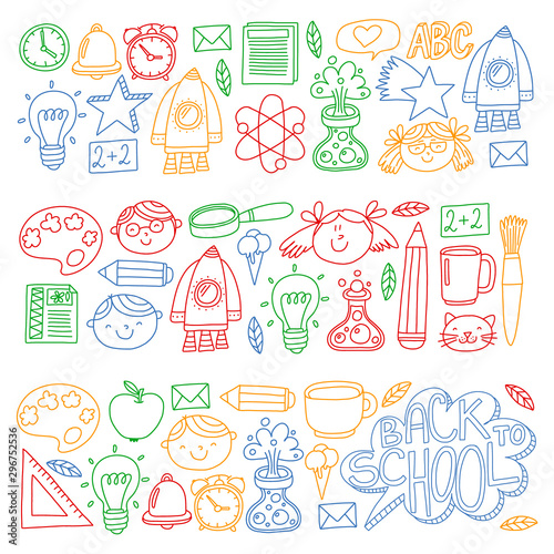 Vector pattern with school icons with little students. Children study chemistry, creativity, mathematics, physics, algebra, geometry, biology, geography, astronomy.