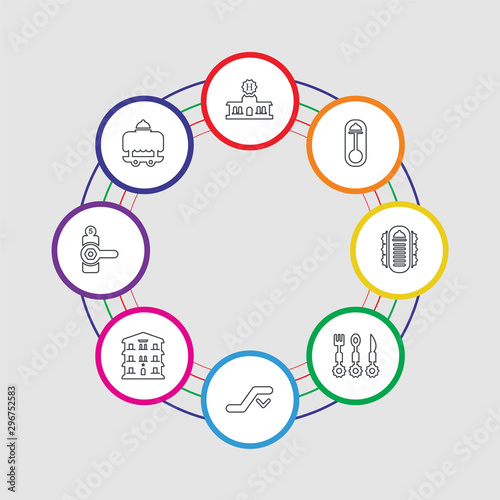8 colorful stroke icons set included room service, doorknob, hotel, stairway, cutlery, menu, doorknob, hotel