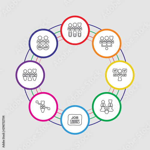 8 colorful stroke icons set included analysis, candidates, skills, job search, scale, skills, teamwork, skills