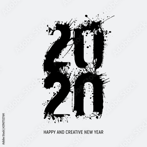 Number 2020 illustrated with ink stains. 2020 artistic, drawn with brush strokes and splashes of ink and paint