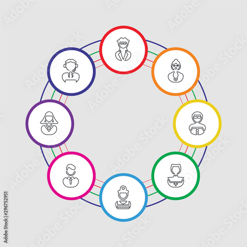 8 colorful stroke icons set included telemarketer, woman, businessman, firefighter, priest, secret service, teacher, spy