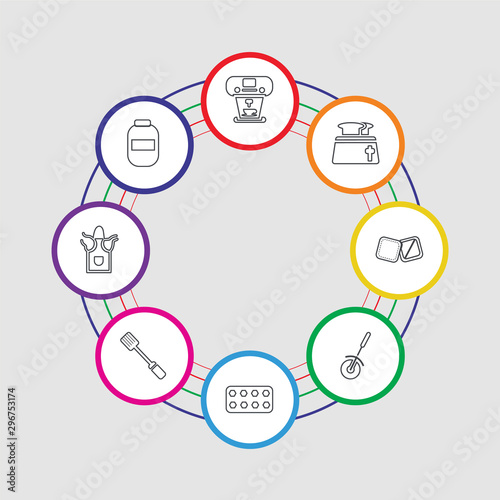 8 colorful stroke icons set included conserve, apron, paddle, ice cube tray, pizza cutter, towel, toaster, coffee maker