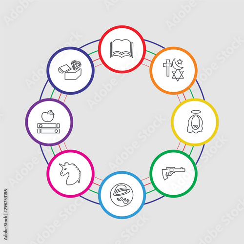 8 colorful stroke icons set included treasure map, book, unicorn, sherlock holmes, revolver, jesus, religion, open book