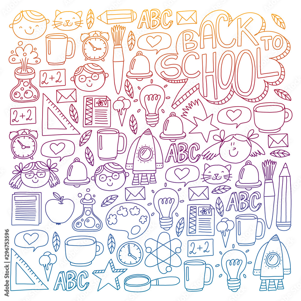 Vector pattern with school icons with little students. Children study chemistry, creativity, mathematics, physics, algebra, geometry, biology, geography, astronomy. Vector pattern with school icons with little students. Children study chemistry, creativity, mathematics, physics, algebra, geometry, biology, geography, astronomy.
