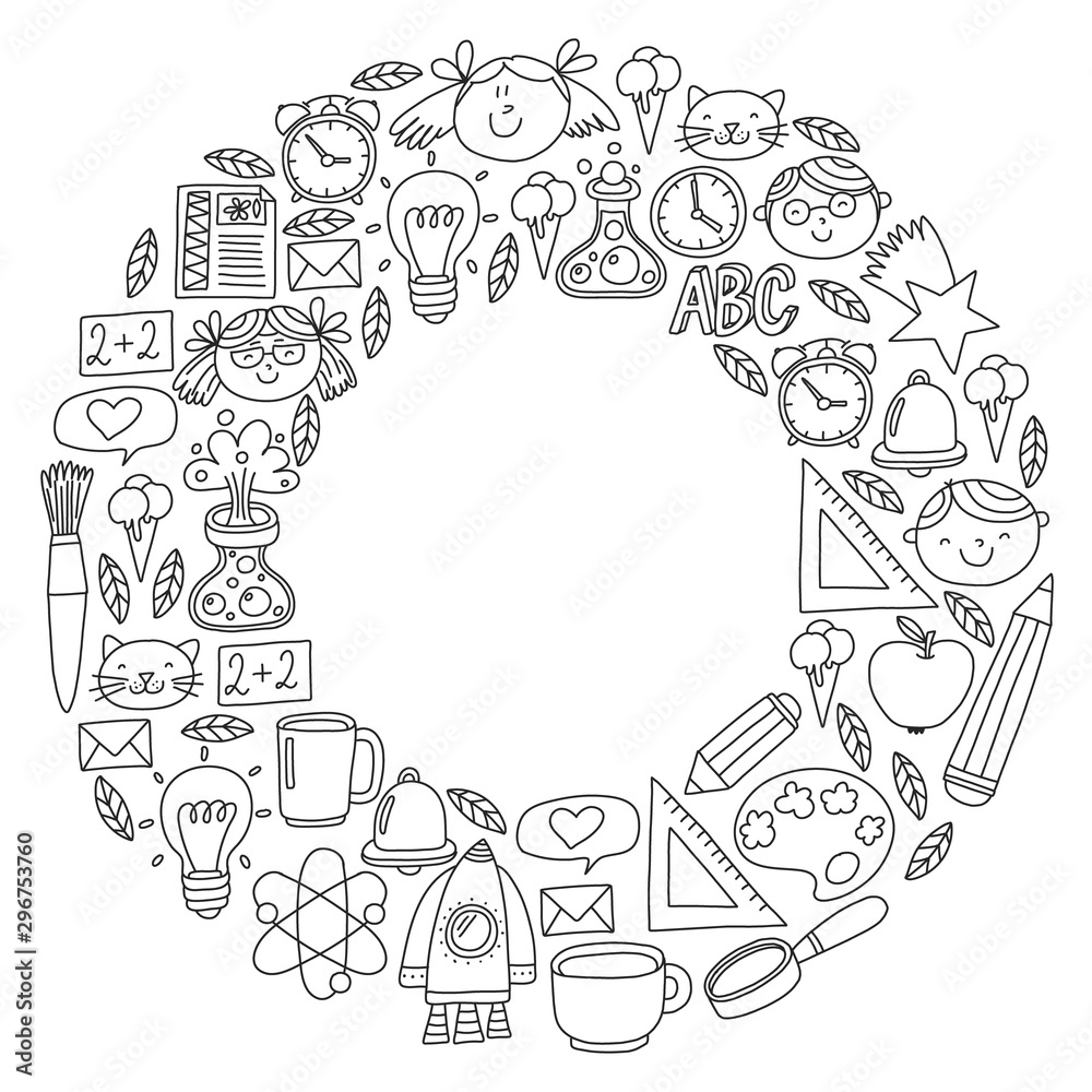 Vector pattern with school icons with little students. Children study chemistry, creativity, mathematics, physics, algebra, geometry, biology, geography, astronomy.