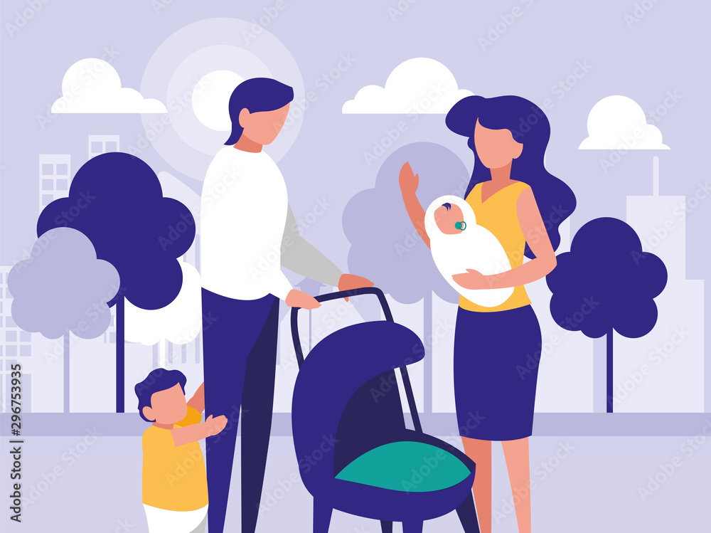 Obraz premium couple of parents and children in park in the city, scene of people outdoor