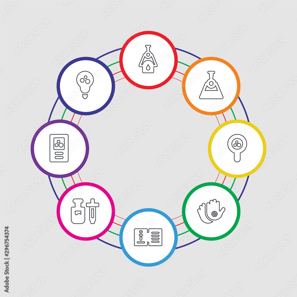 8 colorful stroke icons set included light bulb, science book, vial, science book, gloves, loupe, flask, burner 8 colorful stroke icons set included light bulb, science book, vial, science book, gloves, loupe, flask, burner