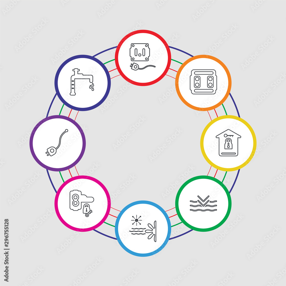 8 colorful stroke icons set included leak, plug, handle, air conditioner, deep, home, switch, plug 8 colorful stroke icons set included leak, plug, handle, air conditioner, deep, home, switch, plug