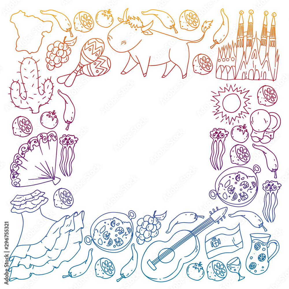 Spain vector pattern. Spanish traditional symbols and objects.